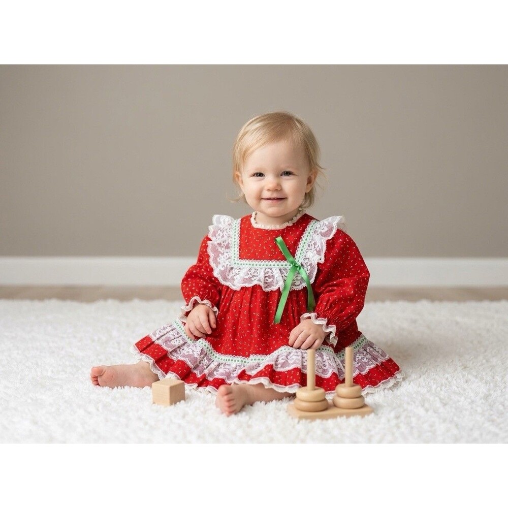 VTG Bryan Red Floral Lace Dress Green Ribbon Strawberry Shortcake USA 12monts